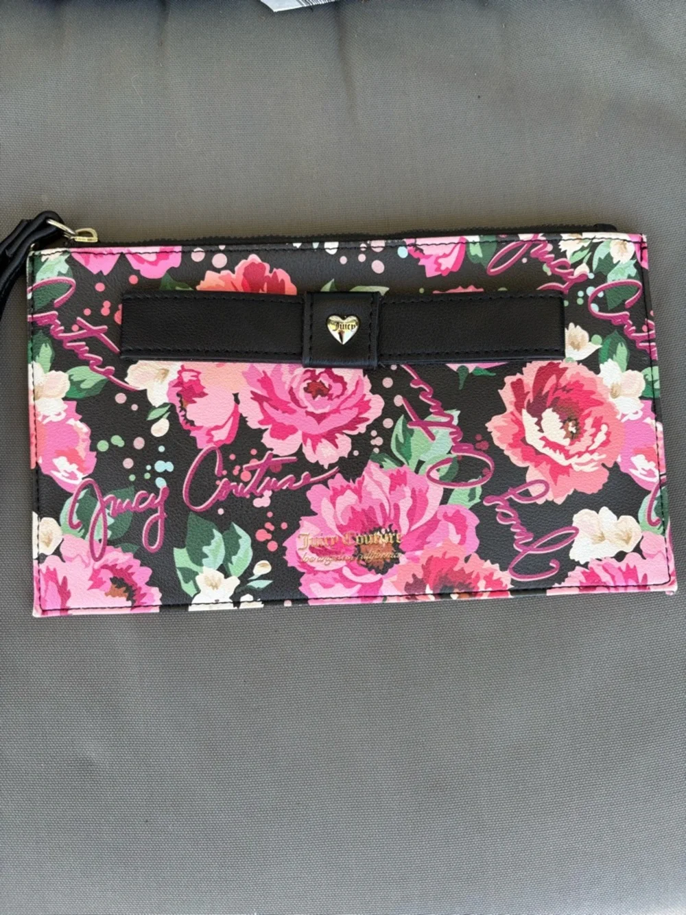 Juicy Couture Black Floral Wristlet Clutch with Pink Roses